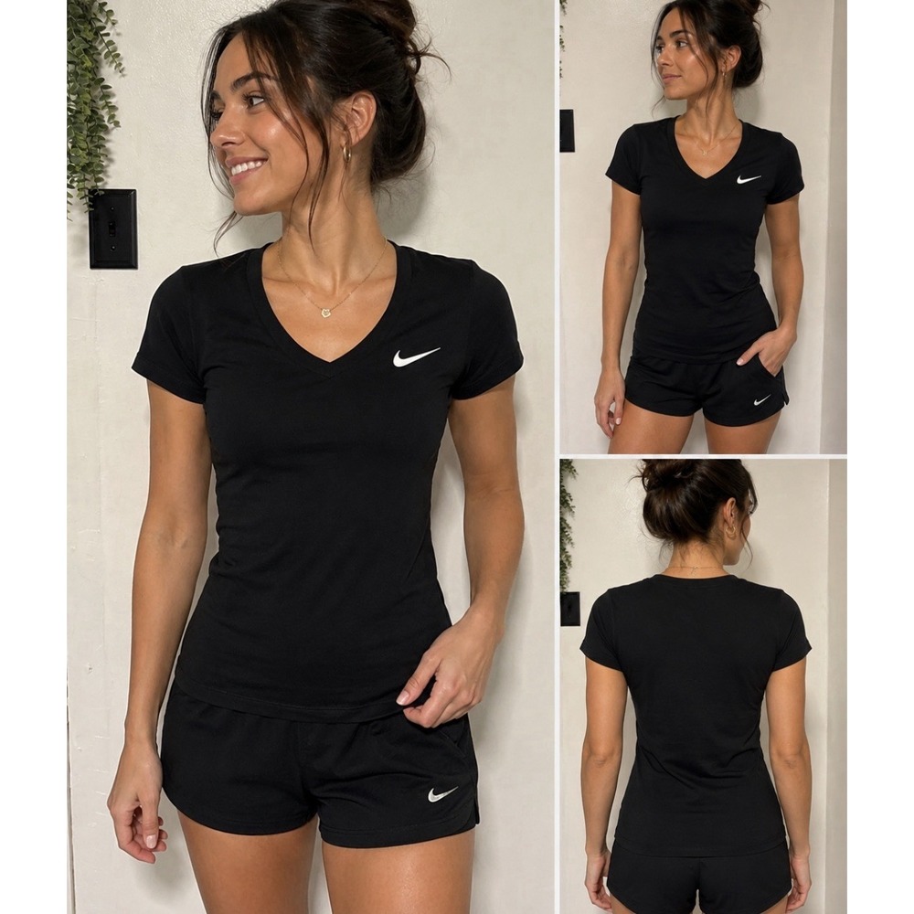 Black Short-Sleeve Nike Dri-Fit Men's Athletic Shirt Excellent Condition V-Neck